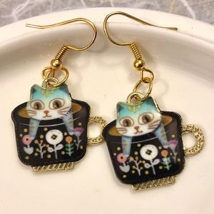 Cute Blue Kitties in Teacup Earrings, Drop/Pierced